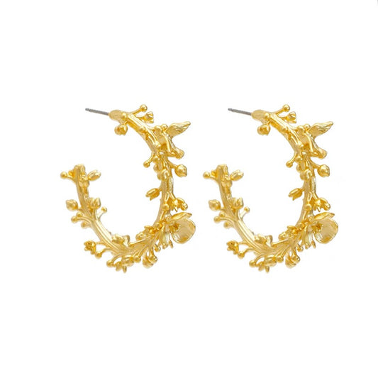 Floral Majesty: Original French-Inspired Gold Flower & Baroque Leaf Hoop Earrings