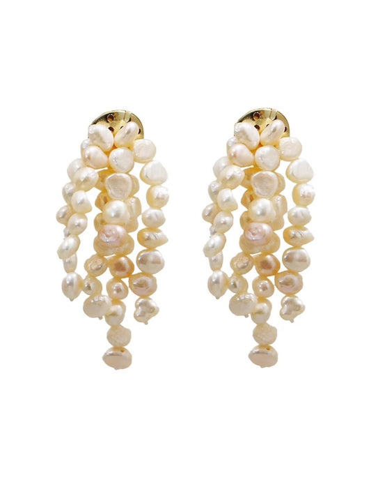 Pearl Cascade: High-End French Vintage & National Style Baroque Pearl Tassel Clip Earrings