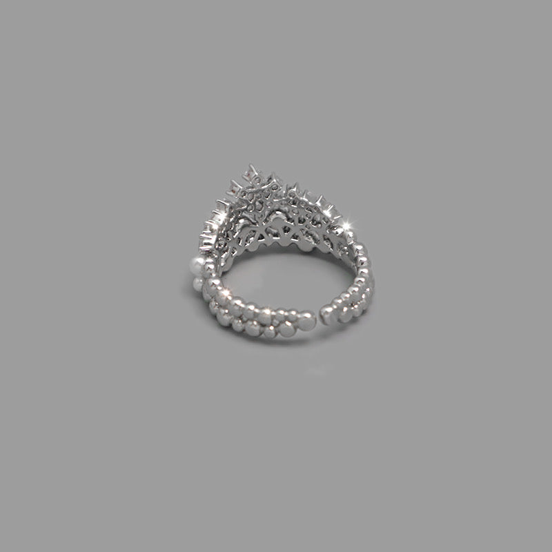 Regal Elegance: Adjustable Zirconia Crystal & Pearl Crown Ring